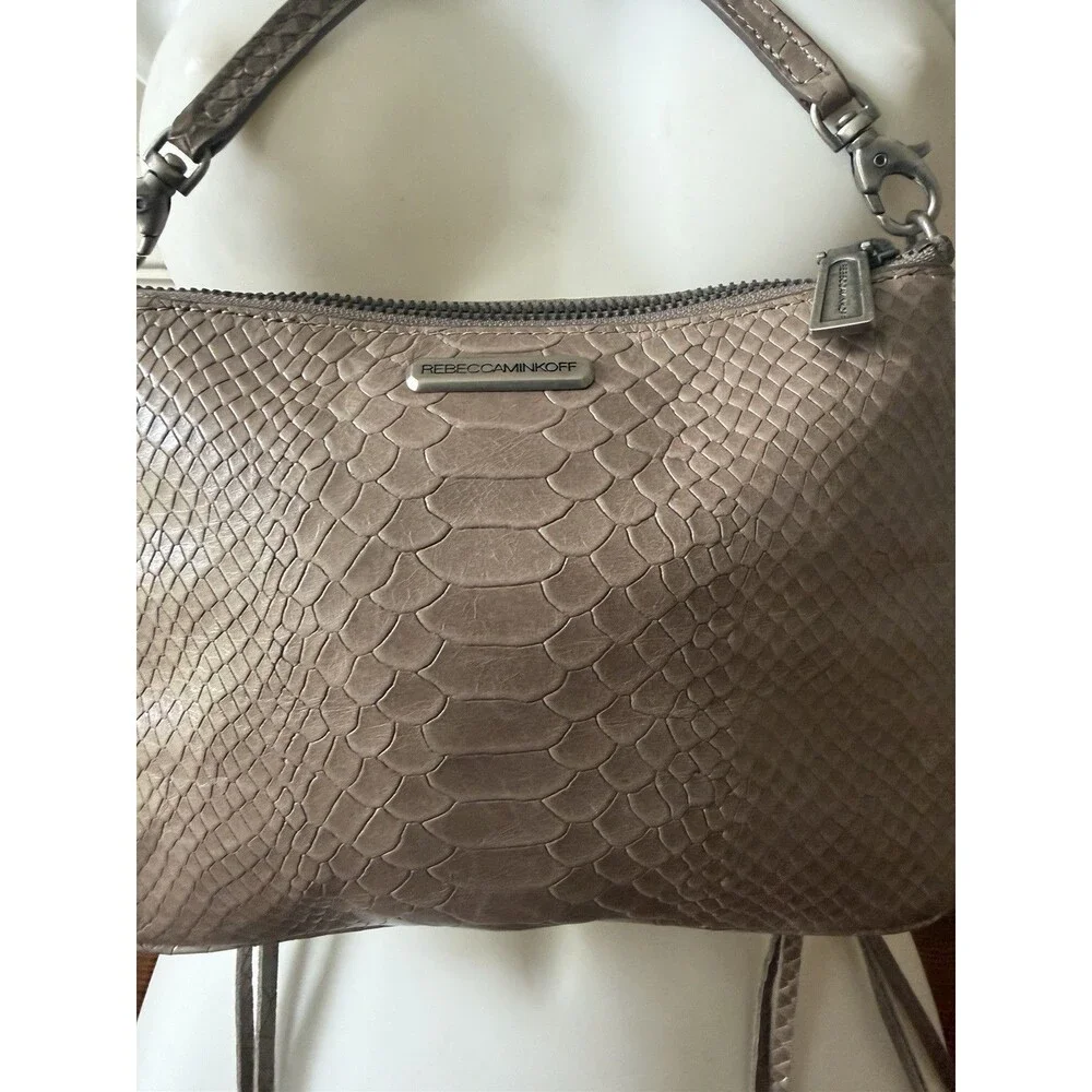 Rebecca Minkoff 3-Zip Crossbody Bag Taupe Grey Snake Embossed Leather Fringe